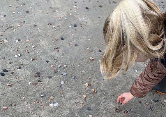 Schelpen zoeken op het strand